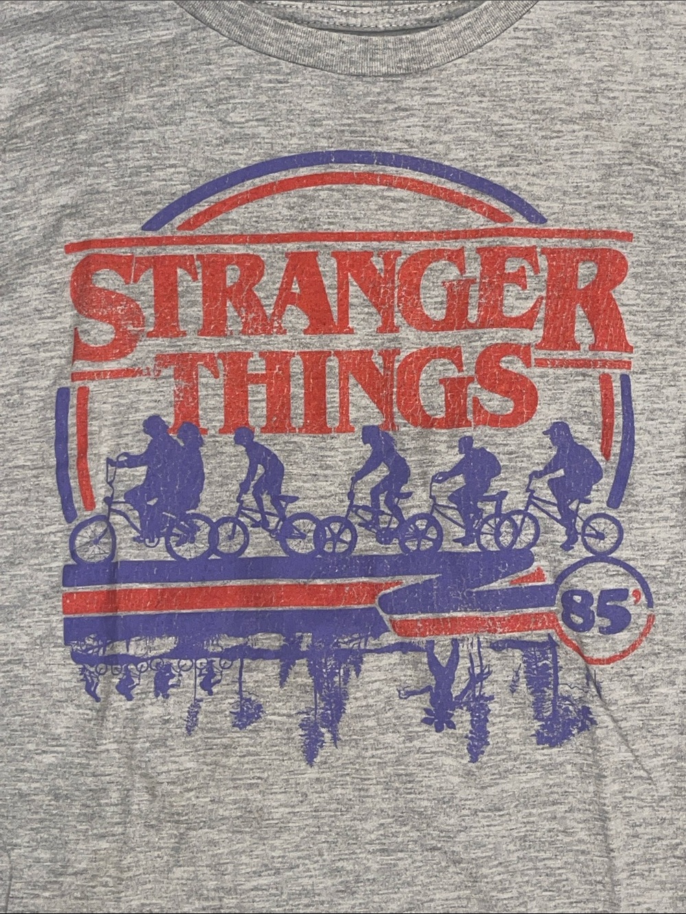 Youth XL Gray Stranger Things Short Sleeve Tee - Red & Blue
